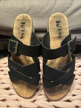 Kork-Ease Black Cork Slide Sandals with Buckle